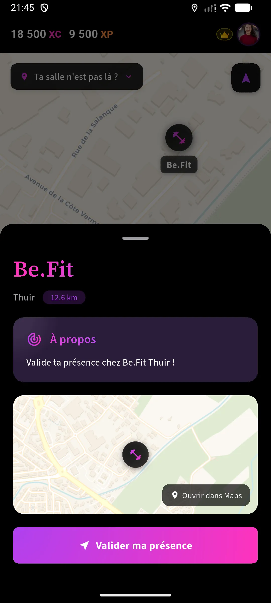 Écran de validation GPS ChallengeX - Bouton Valider ma présence